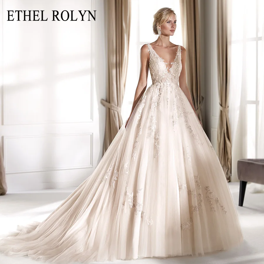 

ETHEL ROLYN Champagne A Line Wedding Dresses 2022 Vestido De Noiva Sexy V-neck Sleeveless Bride Illusion Appliques Bridal Gowns