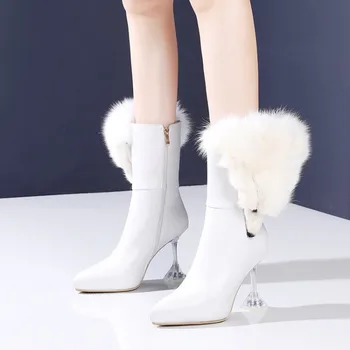 

OLOMLB Womens Pointy Toe Genuine Leather Real Fur Fox Decor Ankle Boots Strange High Clear Red Wine Glass Heel Shoes Luxury 2020
