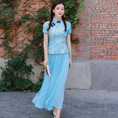 blue top and skirt Женские рубашки с вишневым цветком, блузка чонсам, желтые, с принтом в виде цветка, Элегантные классические Qipao, топ в китайском стиле, 4XL, китайская одежда - Цвет: blue top and skirt
