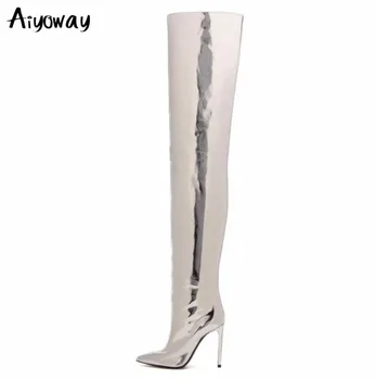 

Silver Mirror Patent Leather Sliver Thigh High Boots For Women Sexy Thin Heels Winter Party Wedding Shoes Aiyoway