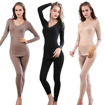 

Women Sexy Lace V-Neck Winter Thermal Underwear Set Lady Bamboo Fiber Seamless Tops Long Johns Basic Warm Bodycon Second Skin