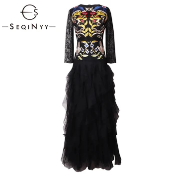 

SEQINYY Luxury Long Dress 2020 Early Spring Autumn New Fashion Design Women Colorful Flowers Embroidery High Quality Mesh Dress