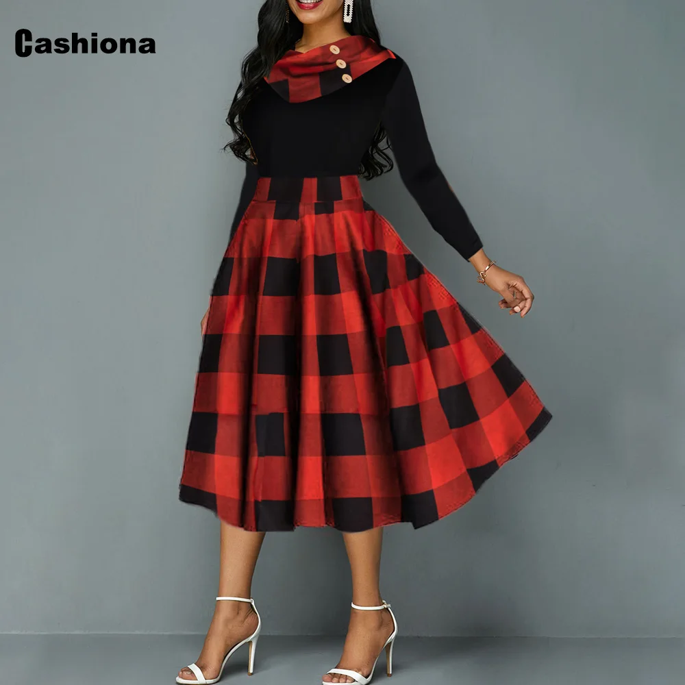 

Cashiona 2020 Autumn Ladies England Style Dress Pliad Print Vintage Dresses Plus size Women Casual A-line Dress Robe Vestidos
