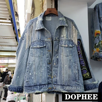 

Celebrity Jeans Coat Women's Loose-Fit Cool Fashion Diamond Tassel Ripped Denim Coats Back Lettered Jeans Jacket Students Tops