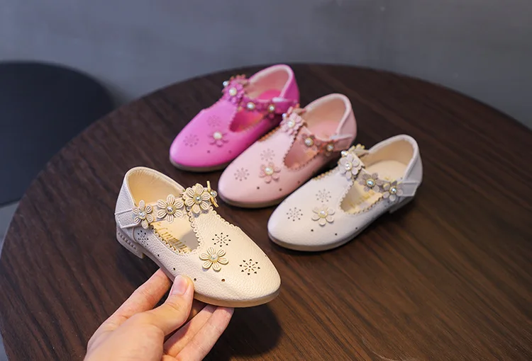 Princess Girls Shoes Floral Flats For Toddlers Girl Medium Big Kids Soft Leather Shoes T-strap Children Shoes Pearl With Flowers