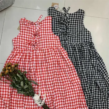 

2020 summer new Mori women's fine cotton and linen plaid lace stitching loose vest dress retro