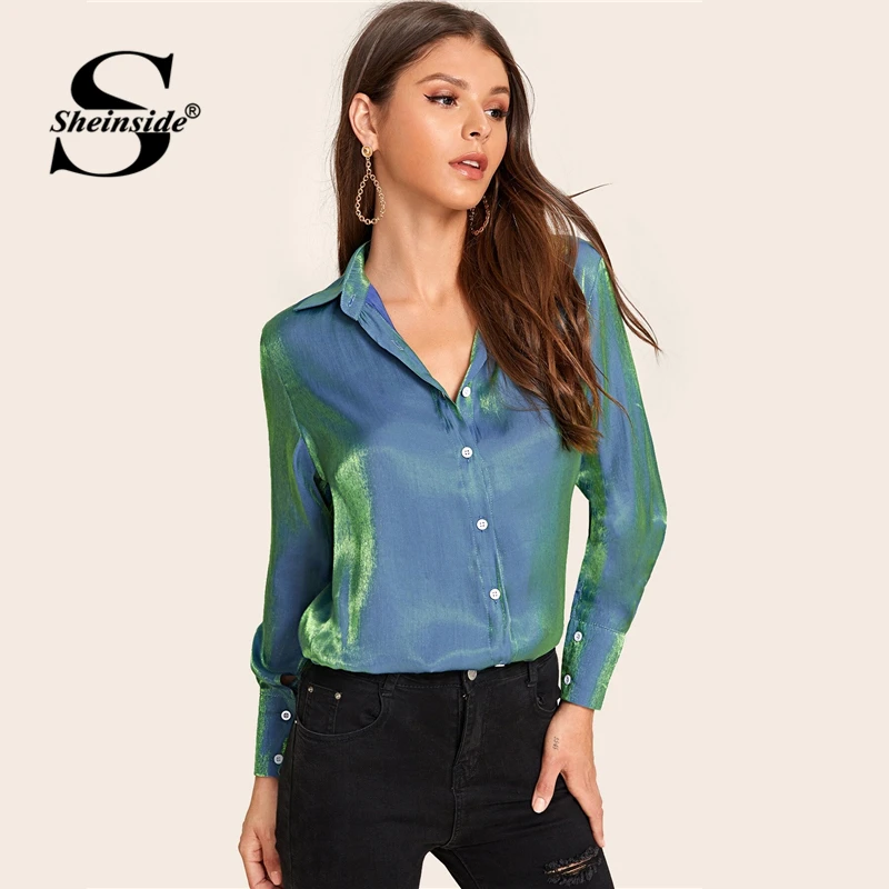 Sheinside, Повседневная атласная блузка на пуговицах, женская, осень, v-образный вырез, минималистичный стиль, блузки для девушек, синий металлик, блестящая отделка, Топ