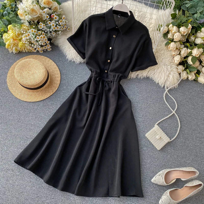 Slim 2020 Polo Neck Summer Midi Long Blouse Dress A-Line Party vestido de festa Dresses Women Casual Elegant Office Vestidos