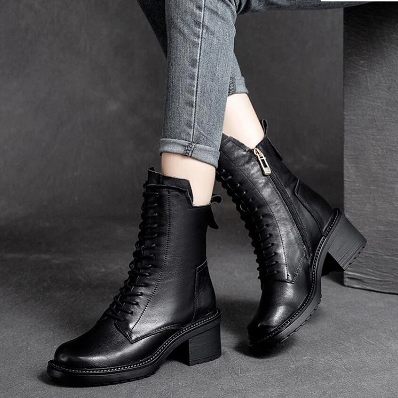 Women Ankle Boots Cow Leather Autumn Winter Square Med Heel Lace Up Zipper Pumps Size 35-40