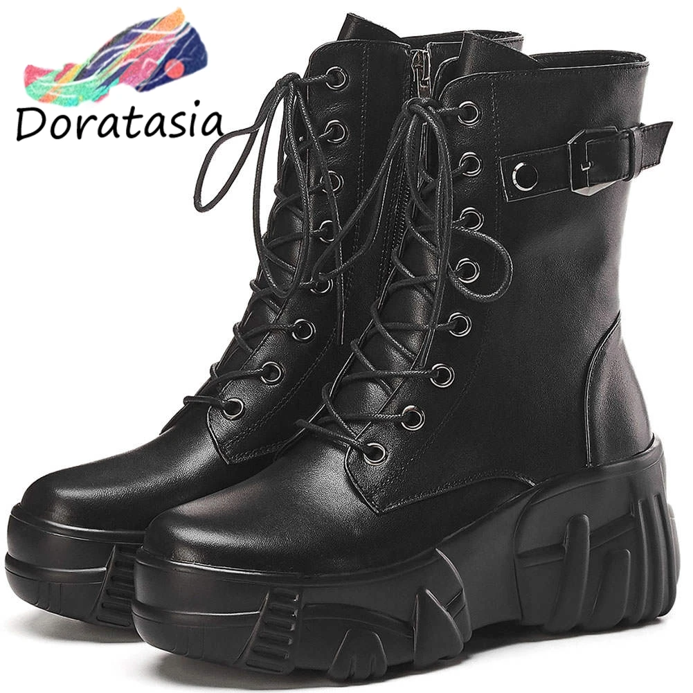 

DORATASIA New Fashion High Platform Booties Ladies Cool Black Genuine Leather Ankle Boots Women 2020 High Wedges Shoes Woman