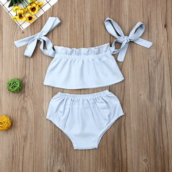 

Newborn Lovely Baby Girl's 2pcs Set Toddler's Blue Sling Shoulder Strap Bow Tie Elastic Solid Pantie Infant Casual Outfits Suits