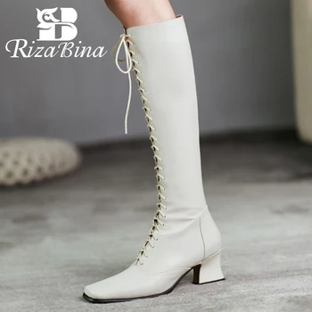 

RIZABINA New Women Knee High Boots Square Heel Women Winter Long Boots Fashion Cool Riding Boots Women Size 33-40
