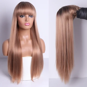 

LISI HAIR Blonde Long Straight Wig With Bangs Synthetic Hair Wigs Bang With Wig For Black /White Woman Brown Heat Resistant Wig