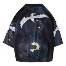 Мужской свободный карнавальный костюм Харадзюку в японском стиле, повседневный мужской кардиган-кимоно, черное кимоно с принтом, рубашка в стиле хип-хоп, Халат