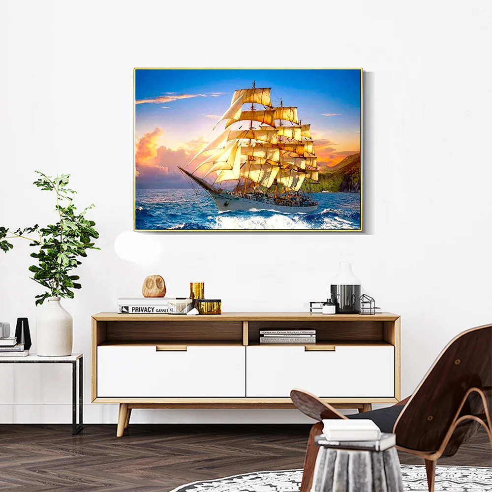DIY Diamond Painting New Arrival Sailboat Home Decor Full Square round Mosaic Ship Embroidery Sunset Sea
