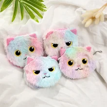 Женский кошелек, клатч на молнии, Короткие Кошельки для монет, разноцветный полосатый брелок "Котенок", плюшевый женский кошелек