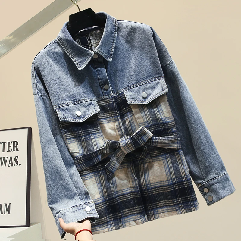 

Plaid Denim Stitching Thick Slim-Fit Shirt Women's Shirts and Blouse 2020 Spring Female Denim Blouse Harajuku Jacket Coat