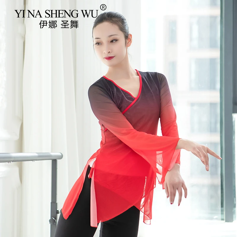 

New Gradient Color Dancewear One Piece Womens Classical Dance Mesh Shirt Long Sleeve Top With Finger Hole Transparent Blouse 3XL