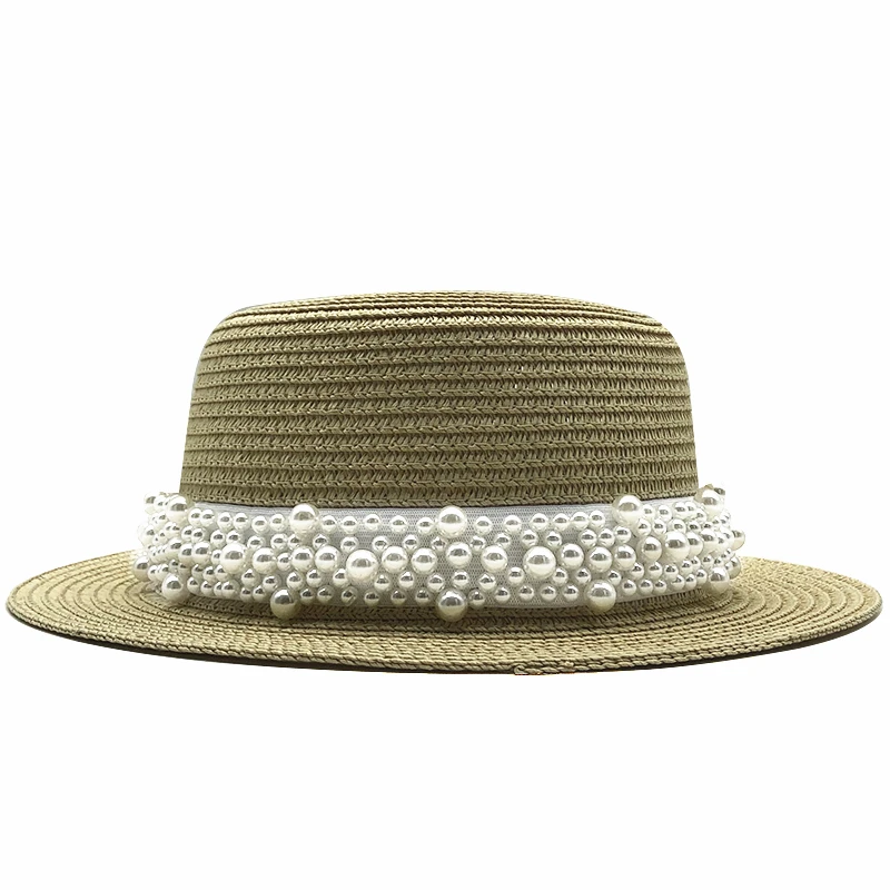 New Summer Flat Sun Hats For Women Chapeau Feminino Cappello Di Paglia Panama Style Cappelli Side Con Pearl Beach Bucket Cap Girl Topee
