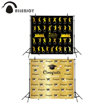 

Allenjoy School Party Curtain Decor Glitter Bachelor Cap Student Step And Repeat Golden Banner Congrats Graduates Black Backdrop