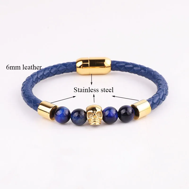 High Quality Men Bracelet New Design Blue Tiger Eye Natural Stone Stainless Steel Skull Charm Genuine Leather Bracelet Men - Image 2