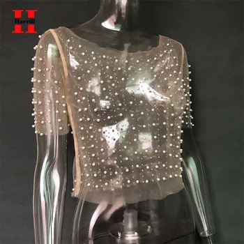 

Perspective Party Blouse Women Sexy Mesh Hollow Out Tops Woman Ruffles O-Neck Pearl Blouses Short Sleeve Crop Top Women Camisas
