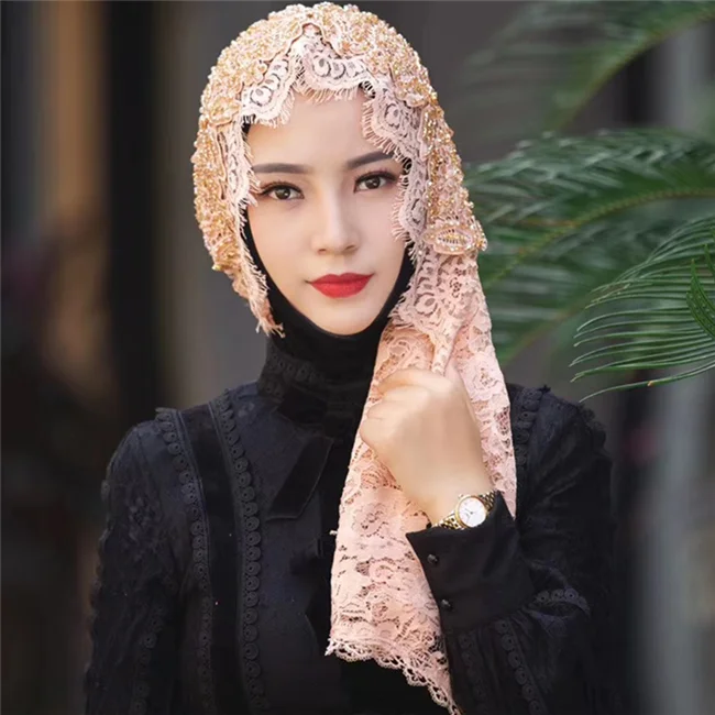 Дубай Мода свадьба мусульманских женщин rhinstone Кружева треугольник шарф-хиджаб