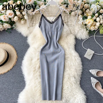 

Slim 2020 lace patchwork Knitted short Dress Bodycon sexy cross criss spaghetti strap Summer Party Women casual v neck dress