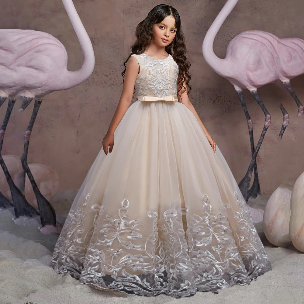 Puffy Tulle Lace Flower Girl Dress Christmas Costume Bride Bow Gown Princess Dress for Girls Wedding Party First Communion