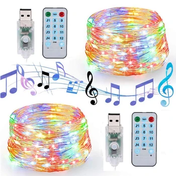 

5M 10M LED Copper Wire String Light Sound Activated Fairy Lights USB Powered With Remote Control For Holiday Home Party Wedding