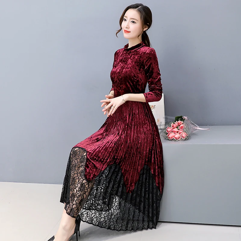 Large size M-XXXL vrouwen jurk 2019 Autumn winter Gold velvet Long sleeved slim temperament lace long | Женская одежда