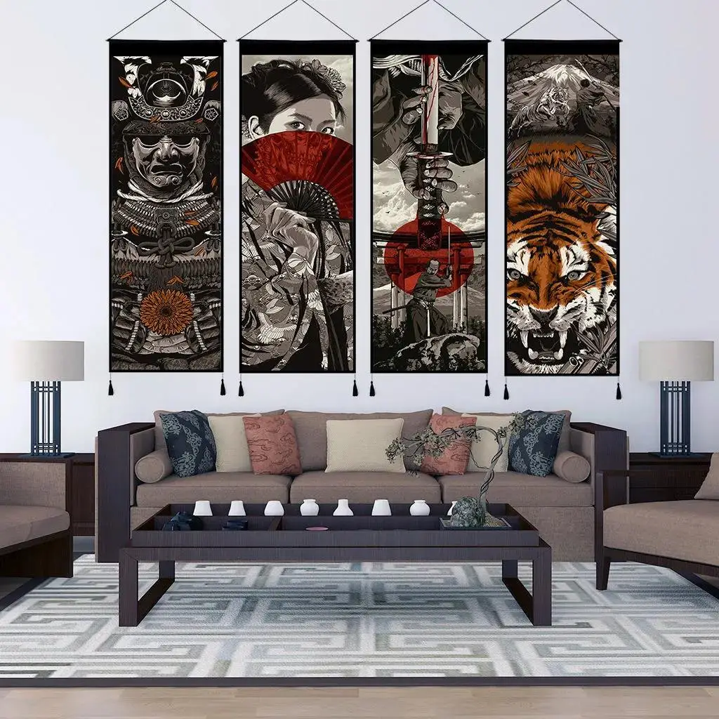 

Japanese Ukiyoe Canvas Painting Tiger Wall Pictures Living Room Decor Aesthetic Painting Wall Art with Solid Wood Hanging Scroll