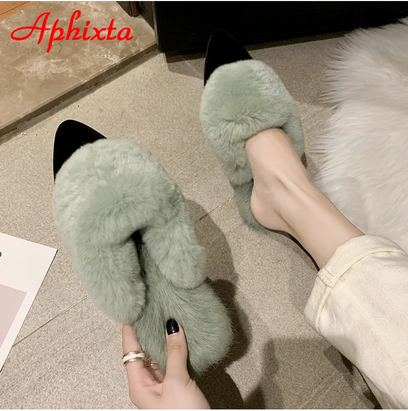 Aphixta/шлепанцы с натуральным животным мехом; женские шлепанцы с натуральным кроликом; Вьетнамки; пушистые меховые сандалии; плюшевые туфли; удивительный подарок