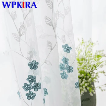 

Blue Small Flower Leaf Sheer Voile Curtain For Living Room Window Screen All-match White Tulle Curtain For Bedroom Drapes M148D3