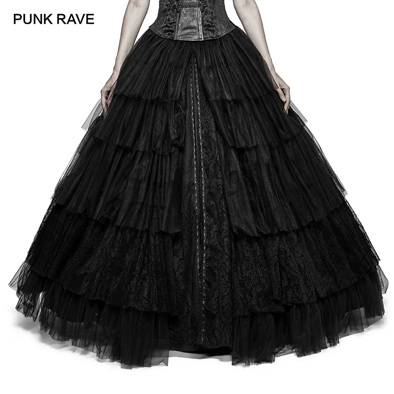 

PUNK RAVE Gothic Lolita Black Lace Elastic High Waist Flowers Mesh Prom Party Half Skirt Stage Costume Long Cupcake Women Skirts
