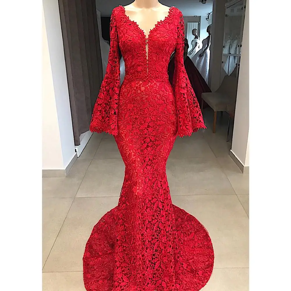 Robe De Soiree элегантное кружевное вечернее платье с длинным v-образным вырезом, открытая Аппликация из бисера Русалка, рукав-труба, вечернее платье