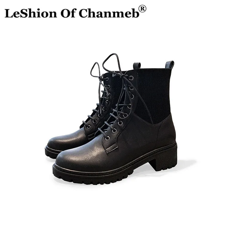 

Hot Genuine Cow leather elastic Ankle short Boots for Women Black Cross-tied Martin boots Ladies Fall Winter motorcycle Boots