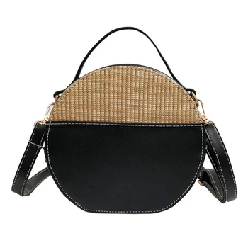 

LJL-Round Straw Bags Women Summer Rattan Bag Handmade Woven Beach Cross Body Bag Circle Bohemia Handbag