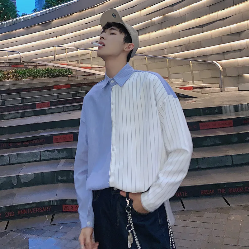 

2019 Summer New Casual Striped Contrast Color Lapel Long-sleeved Shirt Loose Temperament Trend Cotton Streetwear M-5XL