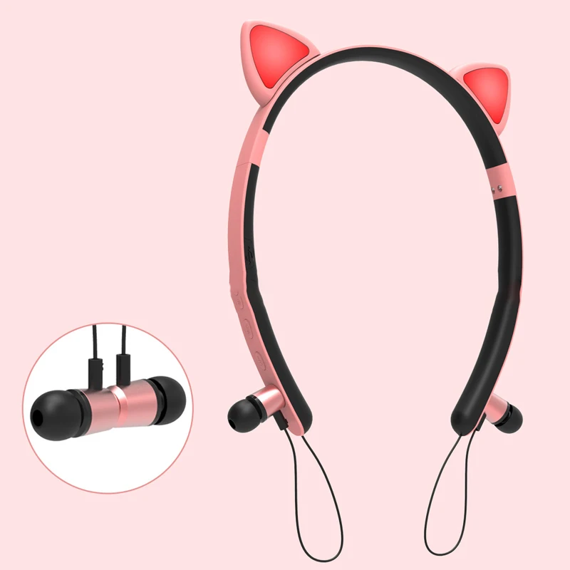 FOOVDO Cat Ear Headphones LED Ear Headphone Flashing Glowing Headset Gaming Video Earphones Bluetooth Earbuds with Microphone