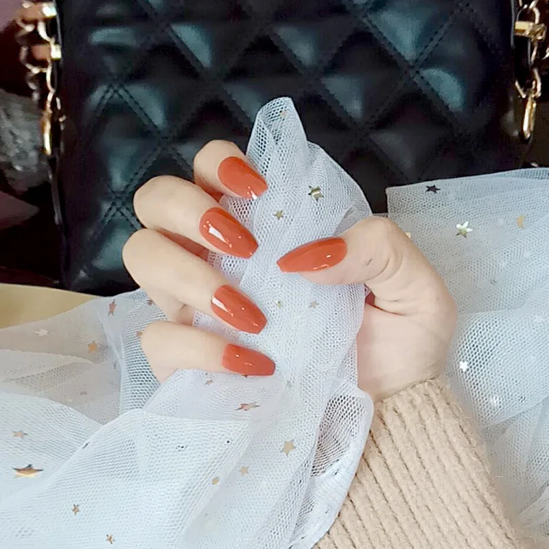 Накладные ногти Nusx, натуральные арцидные накладные маникюрные капсулы, тыква, полное покрытие, съемные остроконечные накладные ногти с клеем FA059