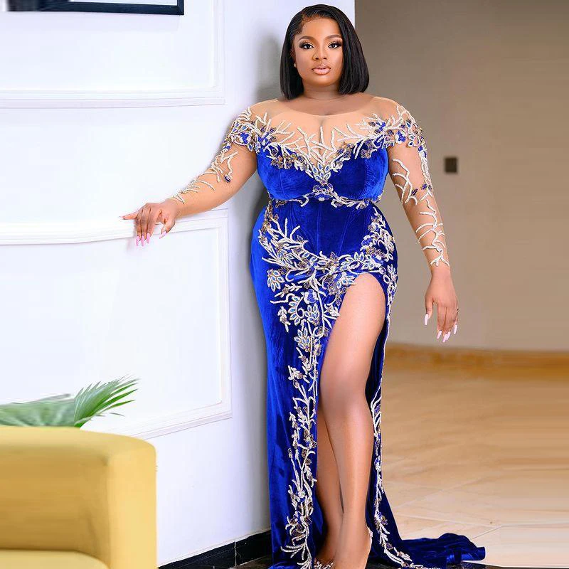 Royal Blue Aso Ebi Velour Prom Dresses 