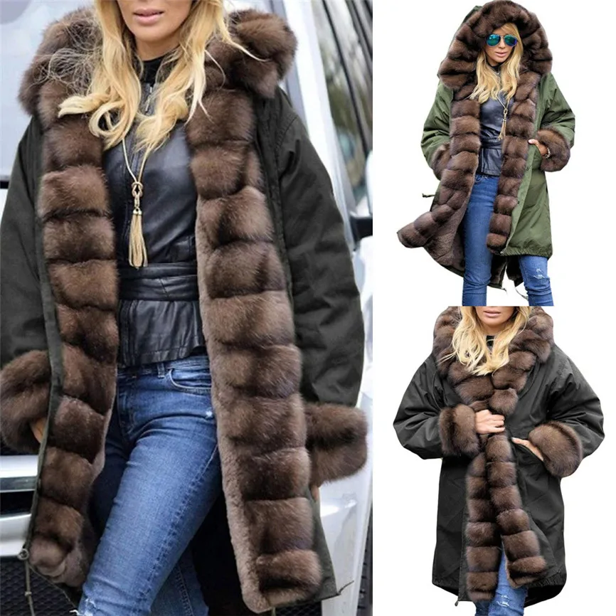 Womens Faux Fur Winter Jacket Parka Hooded Coat Fishtail Long Sleeves Overcoat Cotton Fleece Female Parkas Plus Size M-3XL