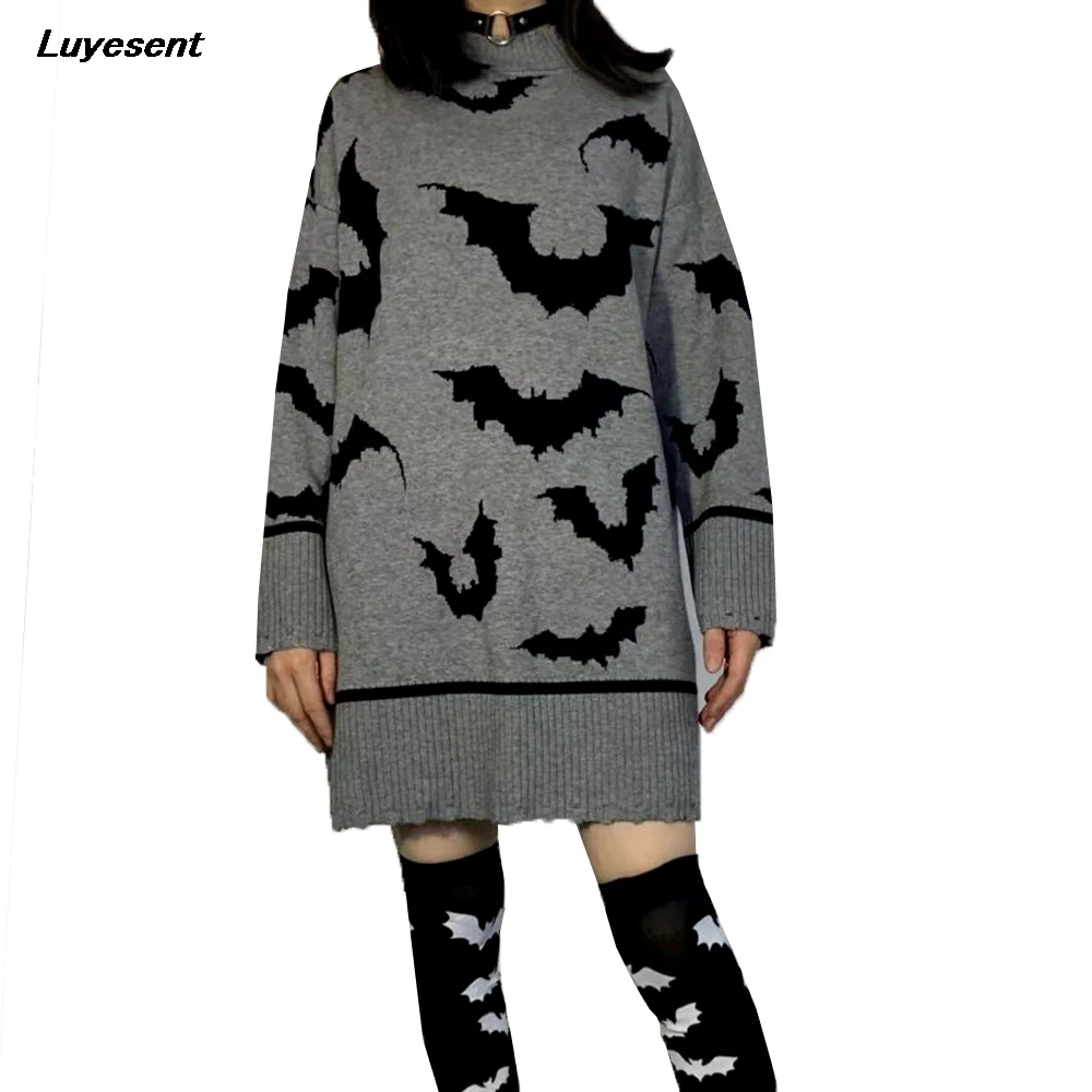 Jersey gótico de punto con cuello redondo para mujer, suéter grueso y largo de invierno, Jersey gótico con estampado de murciélago, Color gris oscuro, 2021