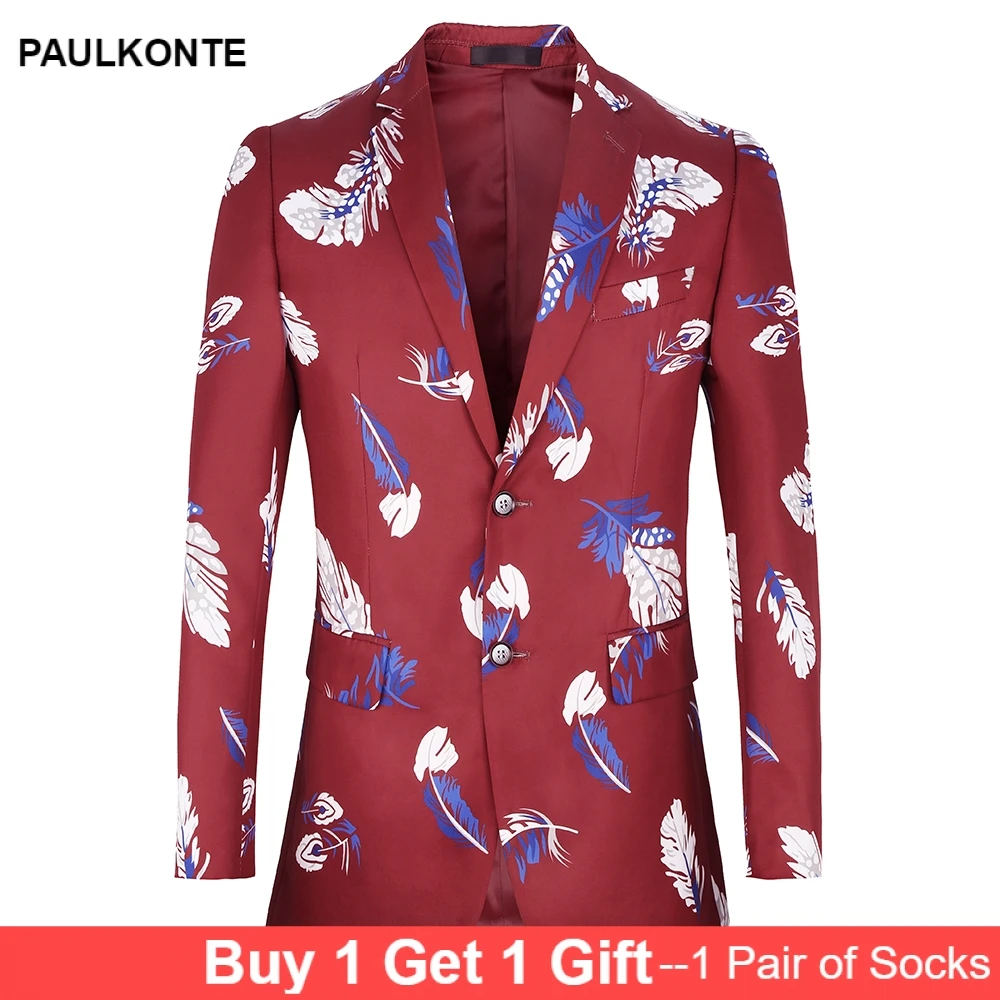 PAULKONTE Feather Print Mostly Male Blazer Fashion High Quality Tuindown Collar Slim Fit Business Party Wedding Man's Jacket