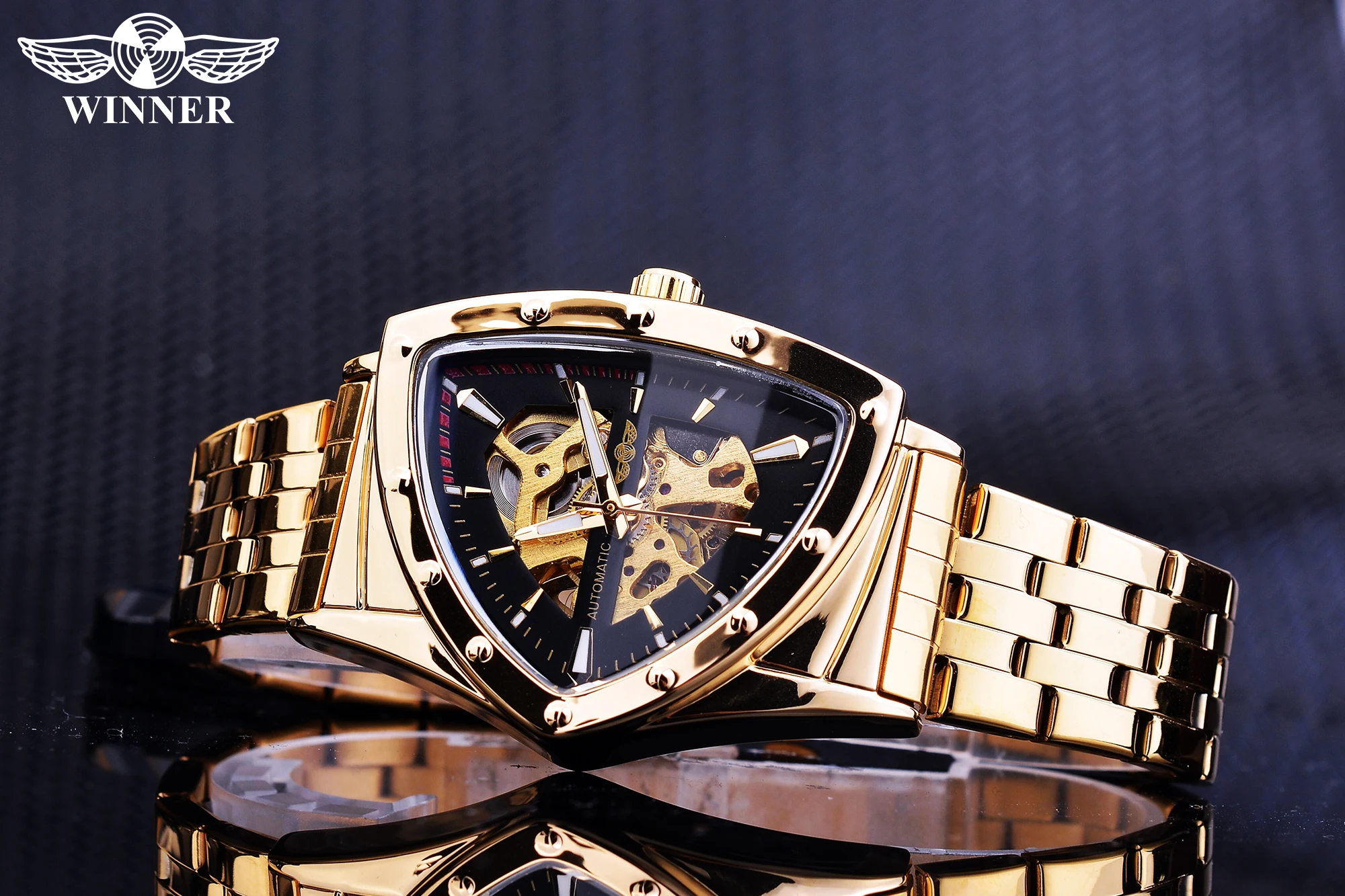 Mechanical Watch Winner Steampunk Swiss Design Mens Double Side Skeleton Transparent Golden Stainless Steel Automatic Mechanical Watch