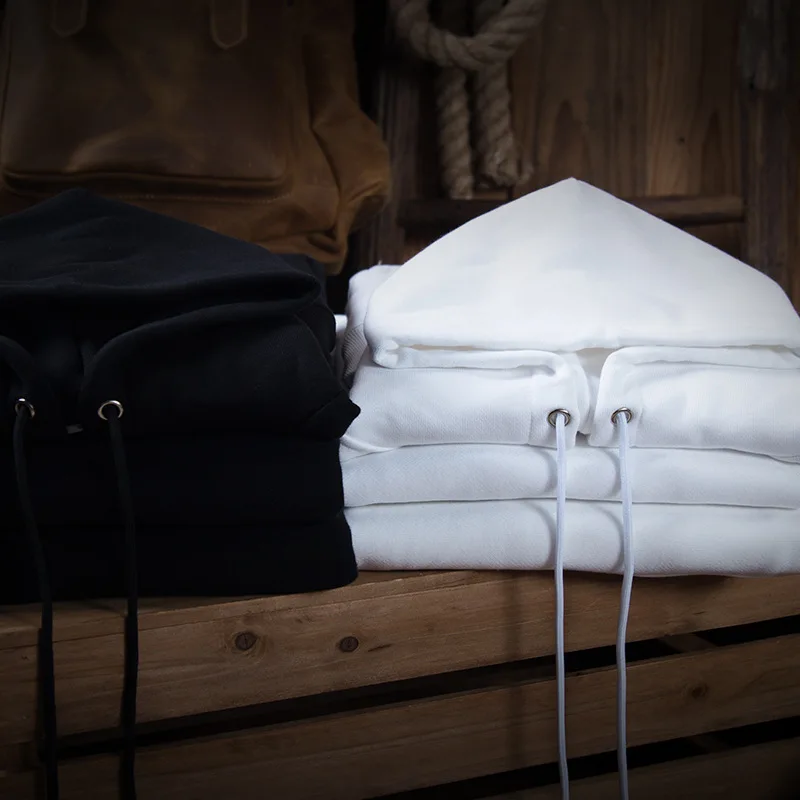 

460G Important White Hooded Solid Color MEN'S Hoodie Pure Cotton Looped Fabric plus Velvet Drawstring Black And White with Patte