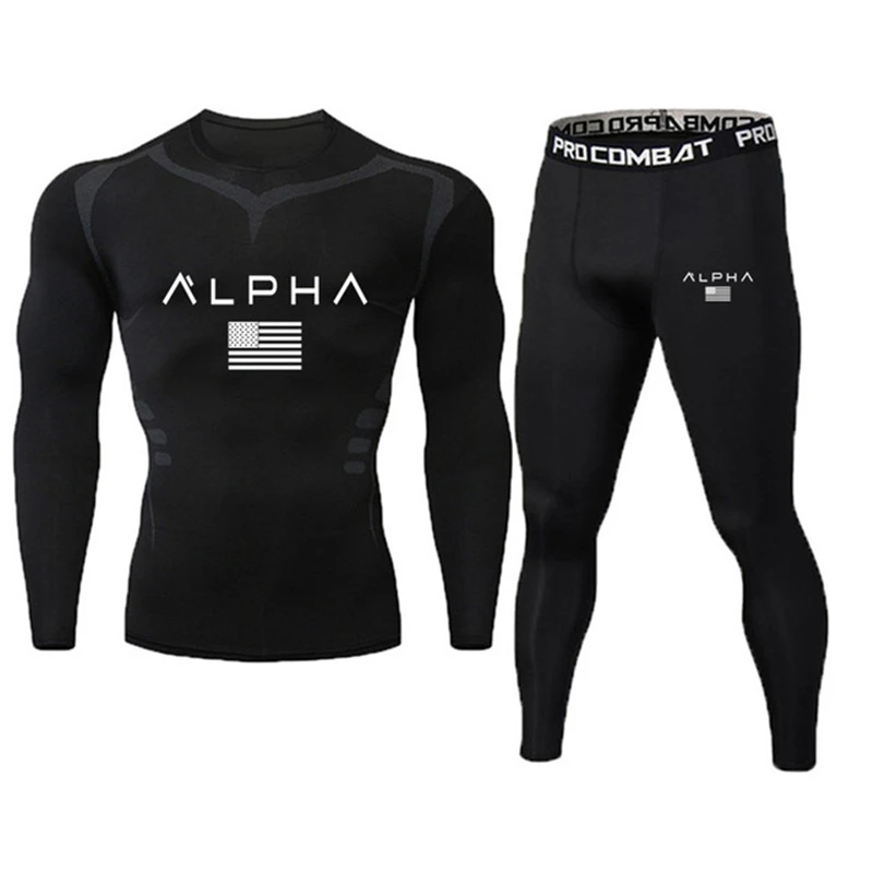 

Quick Dry 2pcs / sets men suit rashguard male kit MMA compression clothing male long-sleeved t-shirt + leggings tracksuit men