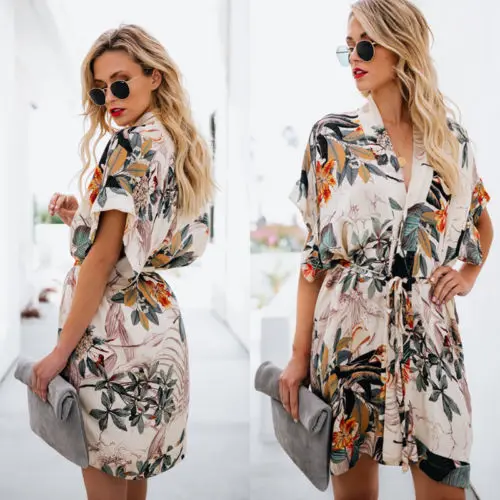 

Summer Printed Floral Beach Short Dress Women Tunic Kaftan Bikini Cover Up Side Split Loose Swimwear Bathing Suits Sundress
