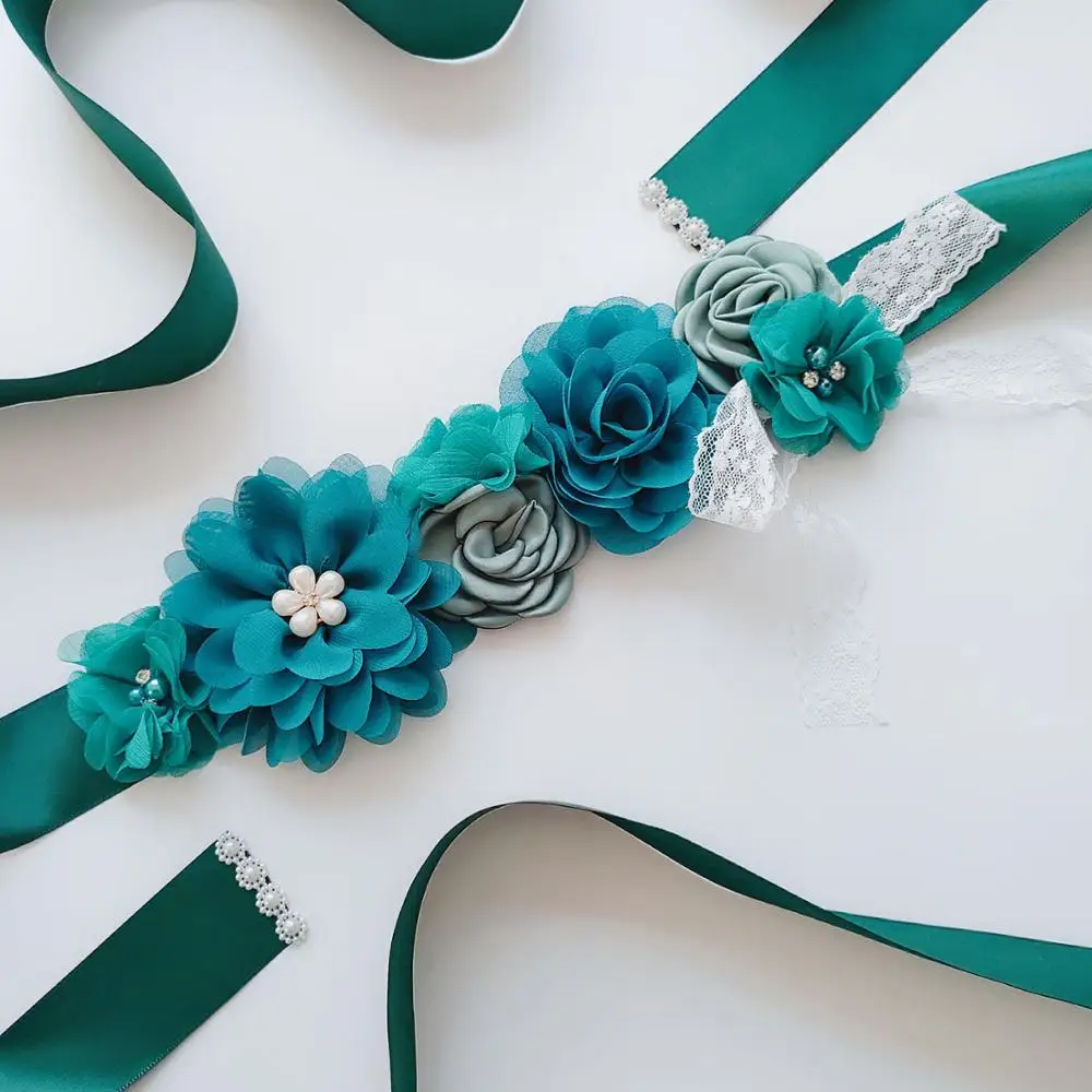Креативный цветок из шелковой ленты для невесты, женский пояс, шифоновое с цветочным кружевом и бантом, модные свадебные аксессуары, длинное платье - Цвет: Green